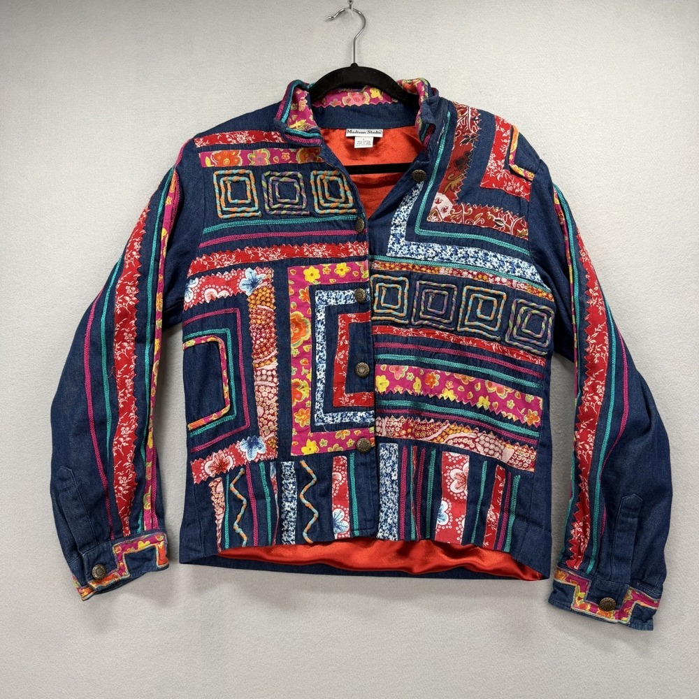 Madison Studio Denim Jacket Womens Large Multicolor Patchwork Tapestry Art Boho